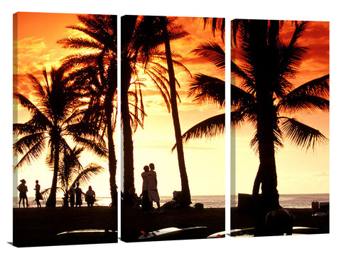 silhouettes of surfers and palms at Alii Beach Park, north shore