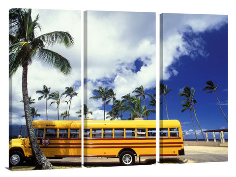 bright yellow school bus at Haleiwa, north shore, Oahu, Hawaii