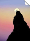 Full moon stting over rock at Bandon Beach with seagull. Bandon, Oregon
