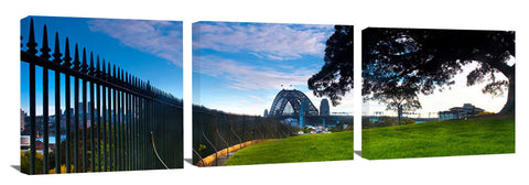 panoramic view of Sydney Harbour bridge from Observatory Hill.